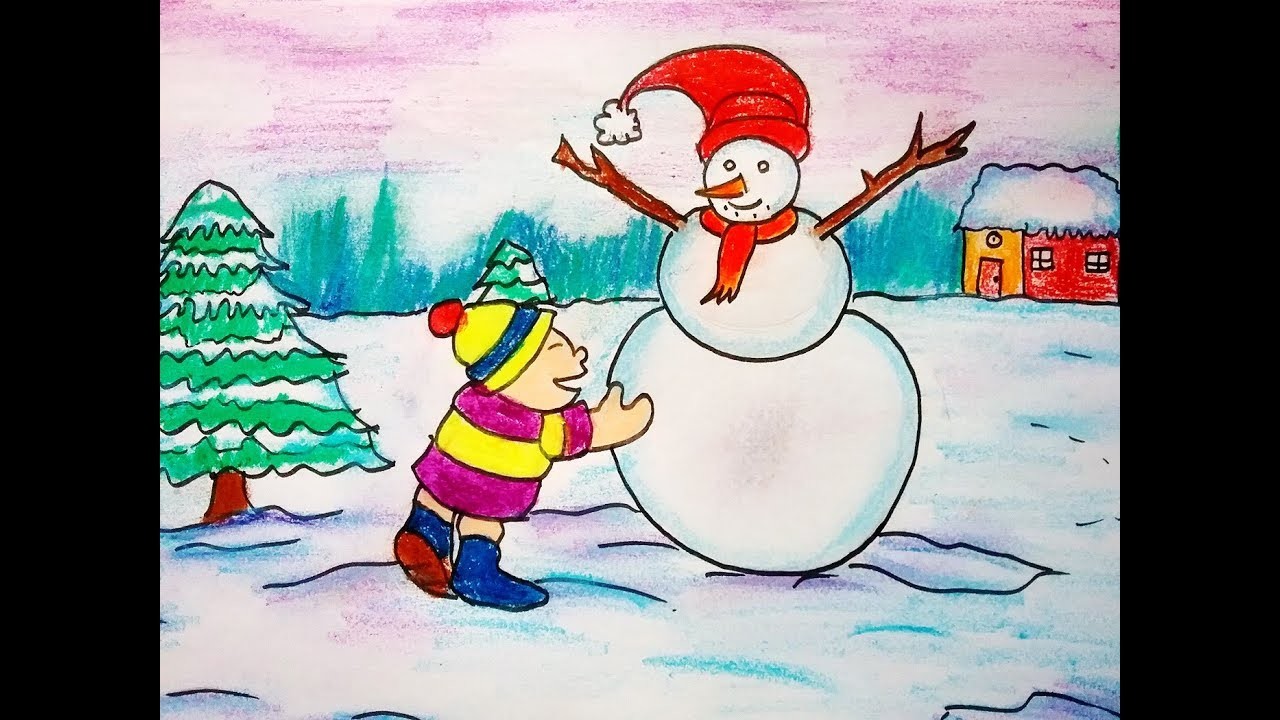 1280x720 How To Draw Landscape Scenery Snowman Drawing For Kids Happy New - New Year Drawing For Kids