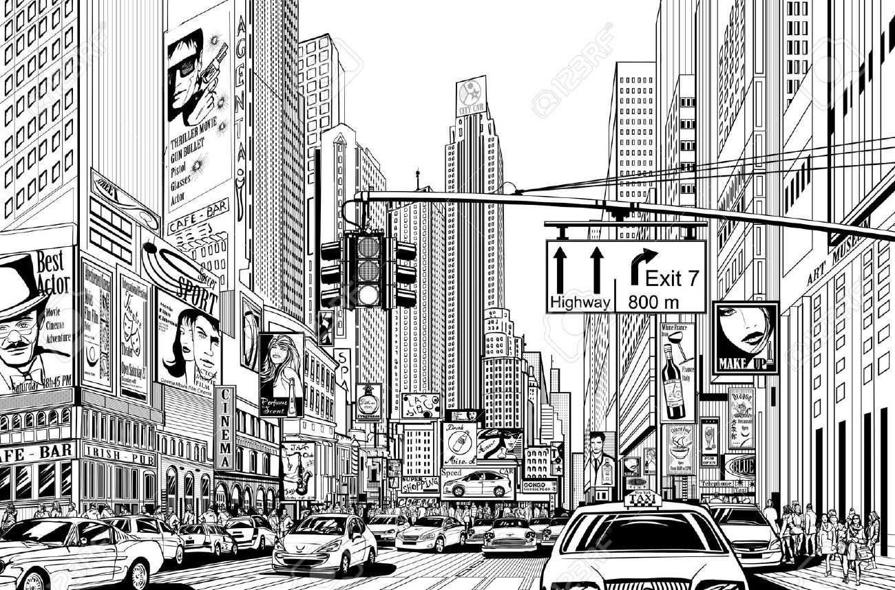 1300x858 illustration of a street in new york city illustration city - New York City Drawing