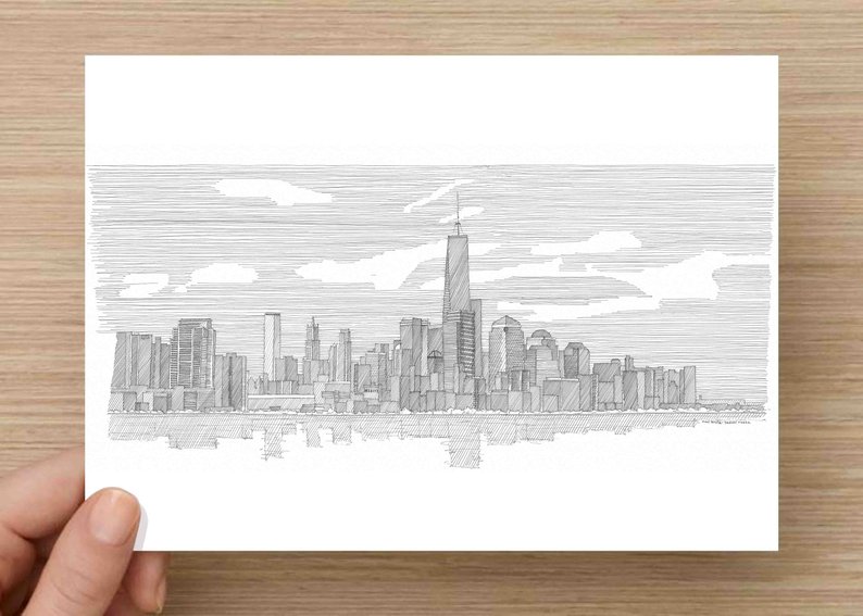 794x567 ink drawing of new york city skyline manhattan skyscraper etsy - New York Cityscape Drawing
