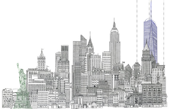 570x369 x line drawing of new york city skyline with statue - New York Cityscape Drawing