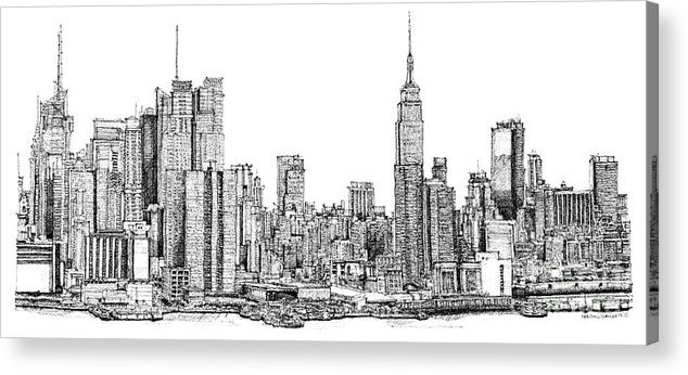 634x346 New York Skyline In Ink Acrylic Print - New York Cityscape Drawing