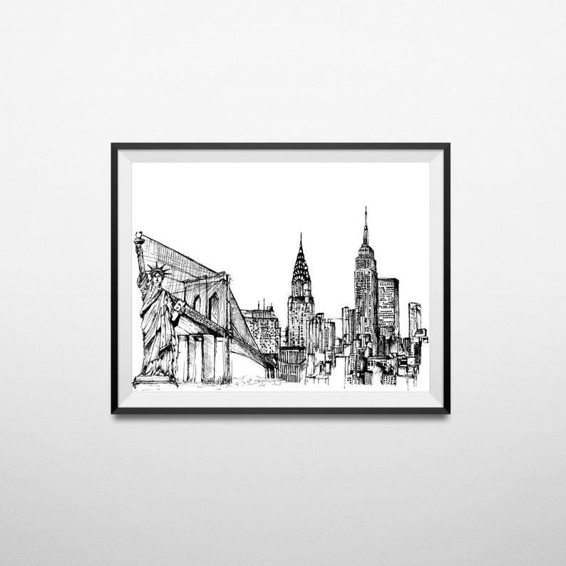 794x794 Hand Drawn New York Skyline Etsy - New York Skyline Drawing