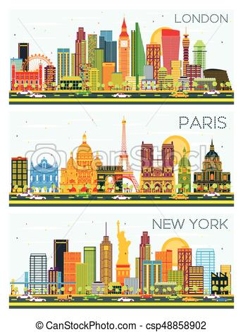 345x470 London, Paris, New York Skyline With Color Buildings And Blue Sky - New York Skyline Drawing Color
