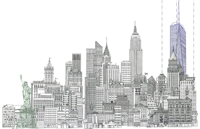 794x514 X Line Drawing Of New York City Skyline With Statue Of Etsy - New York Skyline Line Drawing