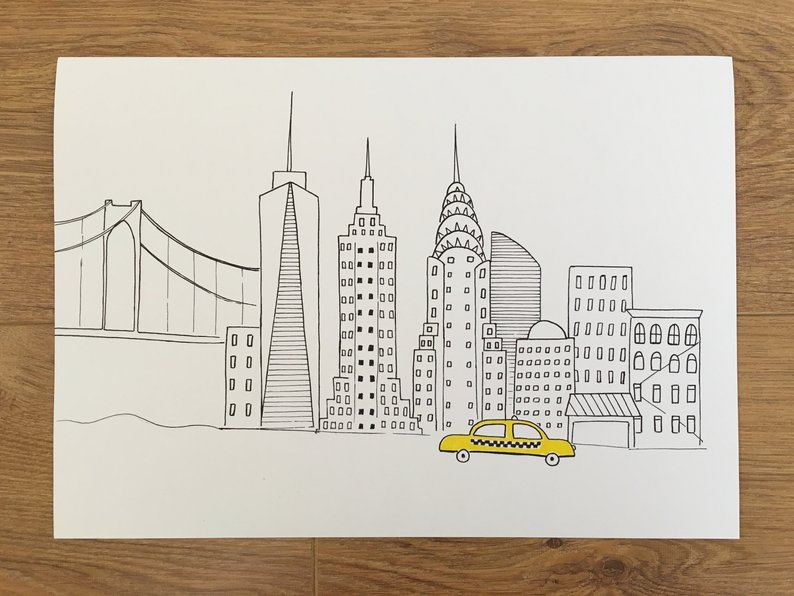 794x596 New York City Skyline Illustration Hand Illustrated New Etsy - New York Skyline Line Drawing