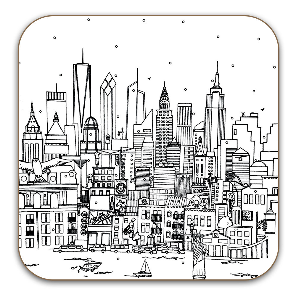1000x1000 New York Skyline Coaster Black And White Meha Art - New York Skyline Line Drawing