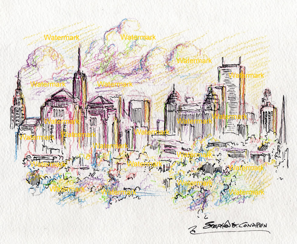 975x800 Buffalo Skyline Color Pencil Line Drawing - New York Skyline Line Drawing