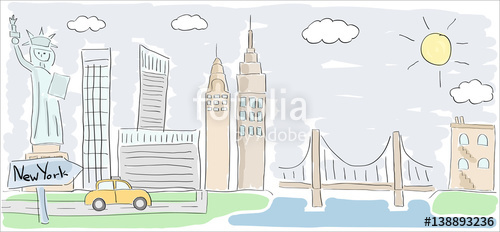 500x232 Child Style Colored Sketch Drawing Of New York City In America - New York Statue Of Liberty Drawing