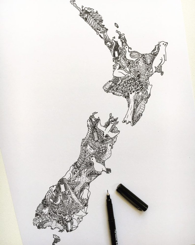 794x993 illustrated map of new zealand unique map illustration etsy - New Zealand Drawing