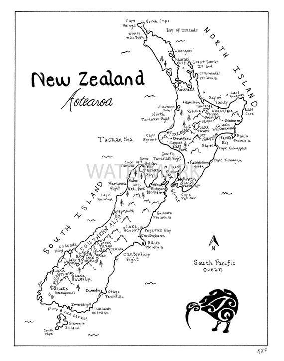 570x725 New Zealand Hand Drawn Map Products How To Draw Hands - New Zealand Map Drawing