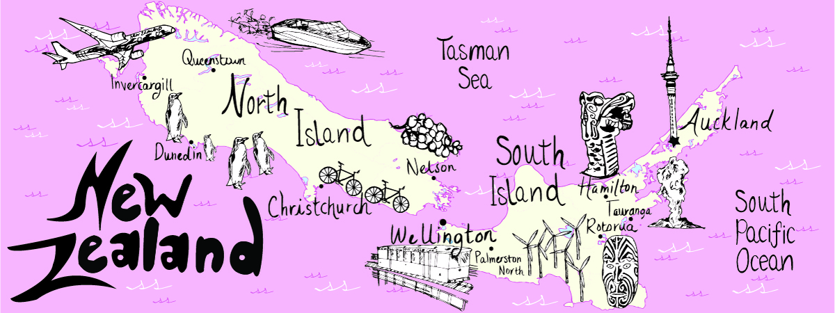 1200x450 New Zealand - New Zealand Map Drawing