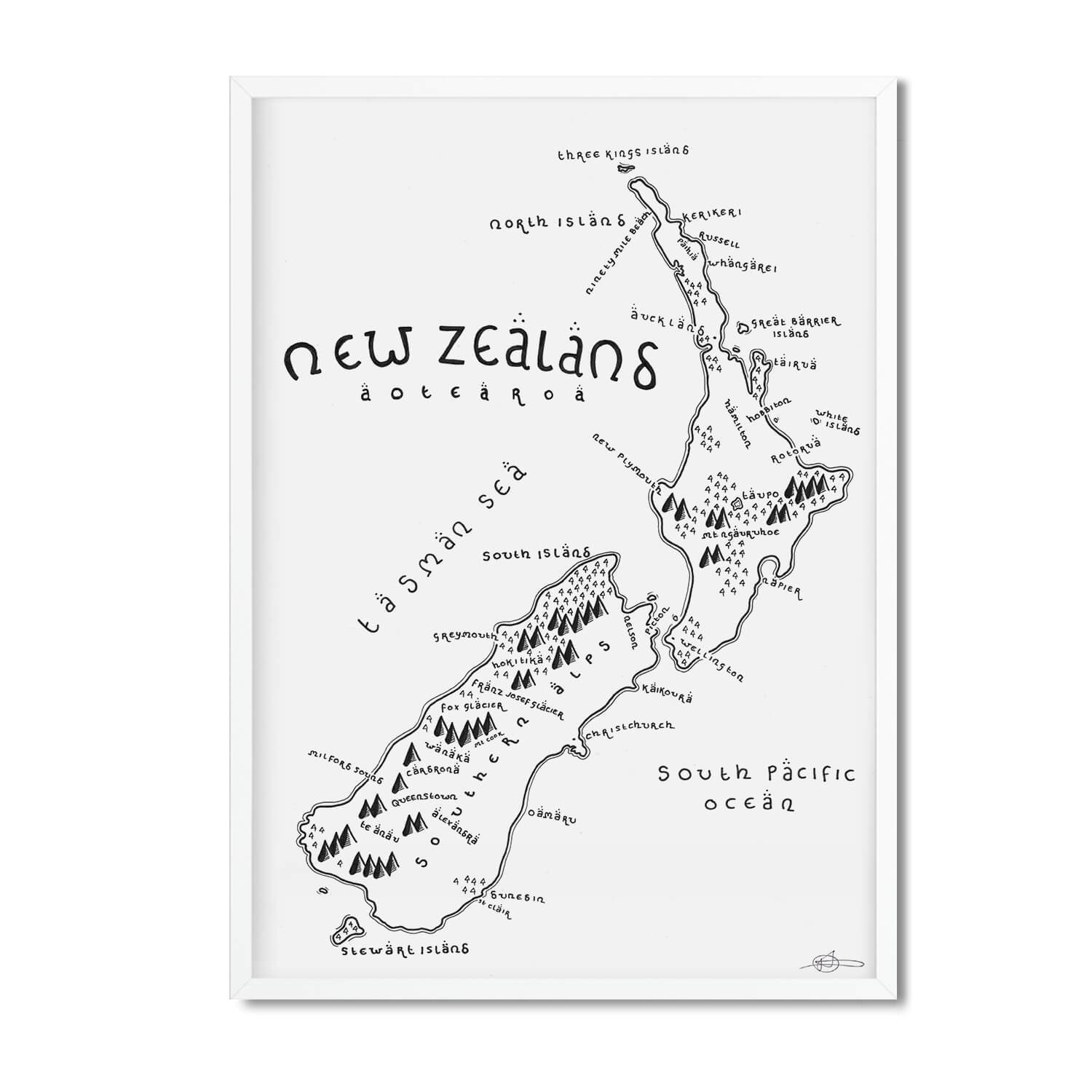 1500x1500 New Zealand Map Print - New Zealand Map Drawing