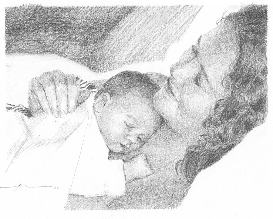 900x722 mom and newborn pencil portrait drawing - Newborn Drawing
