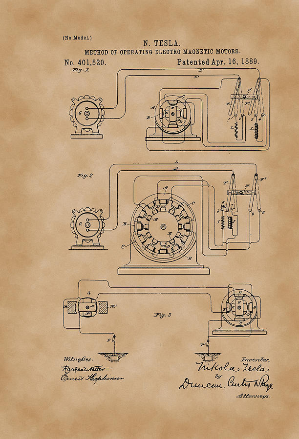 612x900 method of operating electric magnetic motors - Nikola Tesla Drawing