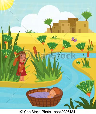 399x470 baby moses in basket cute illustration of baby moses on the nile - Nile River Drawing
