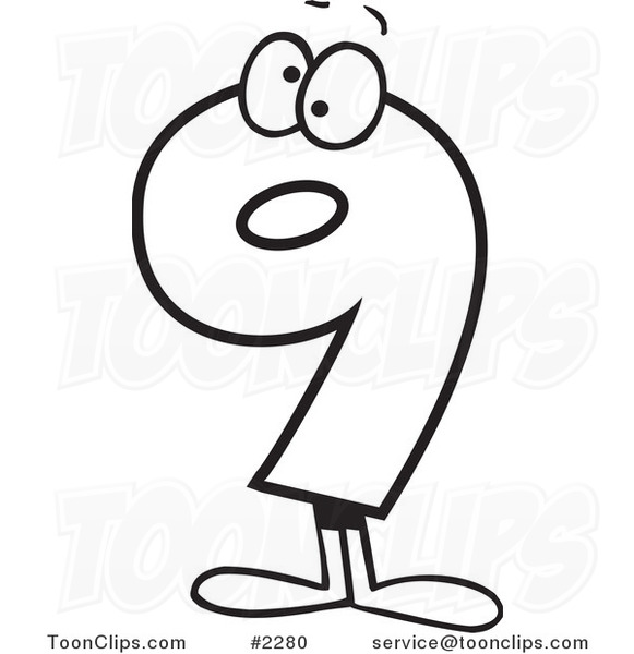 581x600 Cartoon Black And White Line Drawing Of A Number Nine Character - Nine Drawing