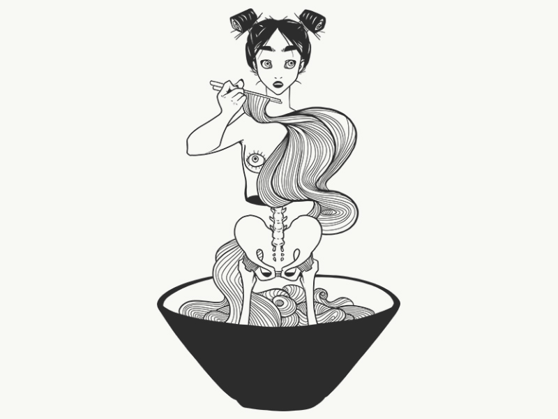 800x600 skeleton girl ramen noodles - Noodles Drawing