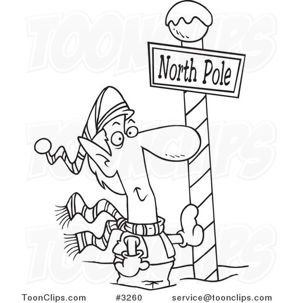 581x600 Cartoon Black And White Line Drawing Of A Christmas Elf Leaning - North Pole Drawing