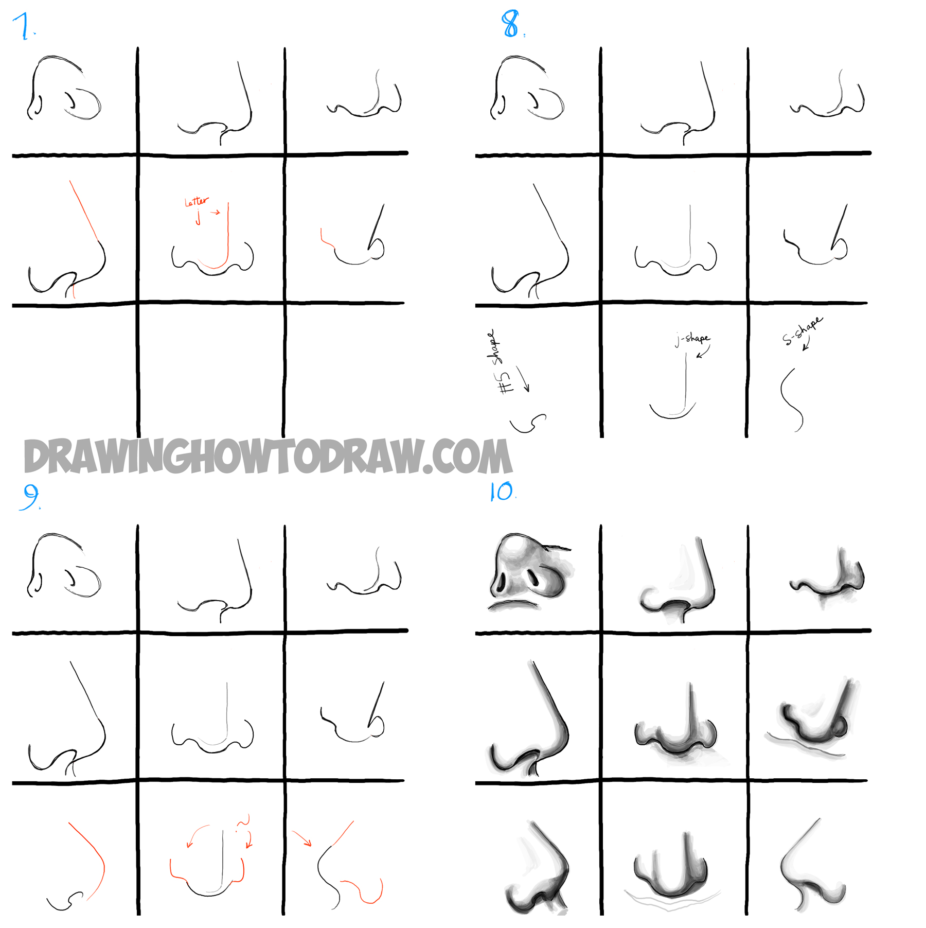 1800x1803 How To Draw Noses From All Different Angles And Positions - Nose Drawing Step By Step