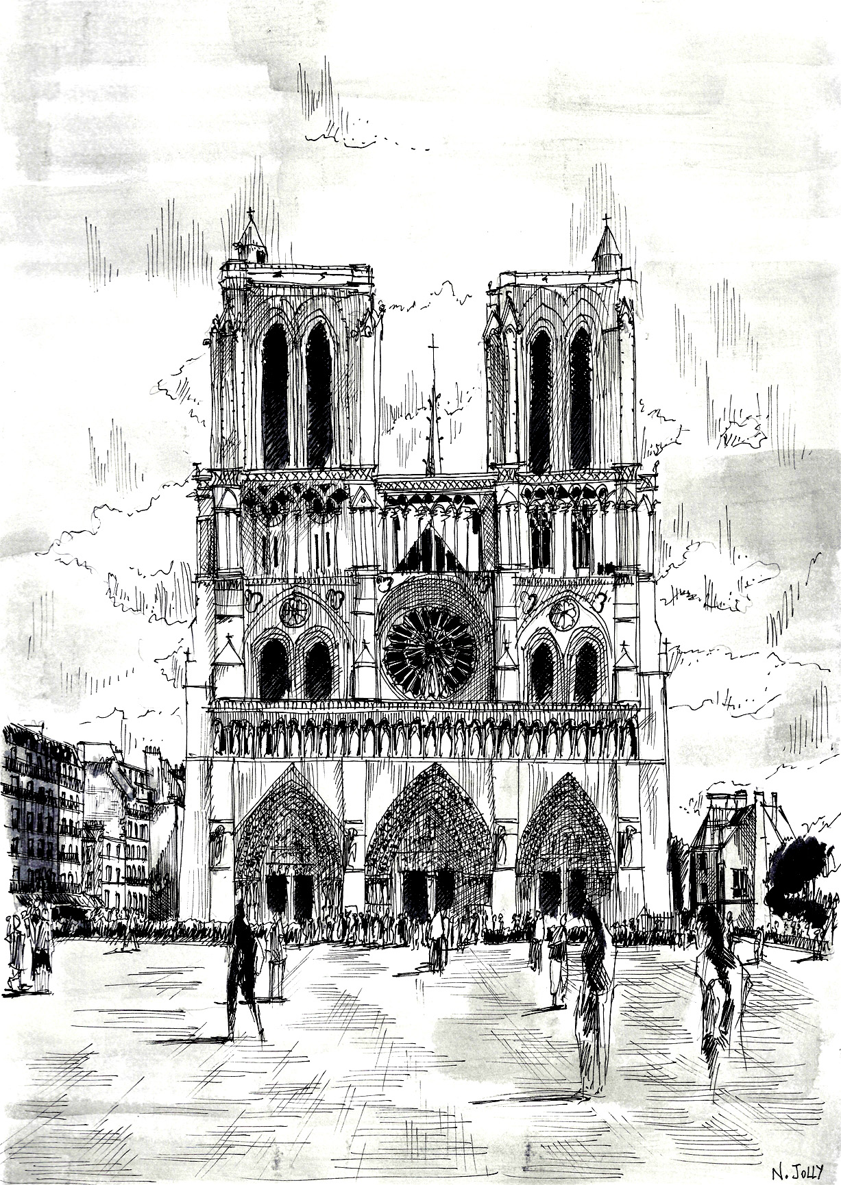 1227x1730 dessin notre dame - Notre Dame Drawing