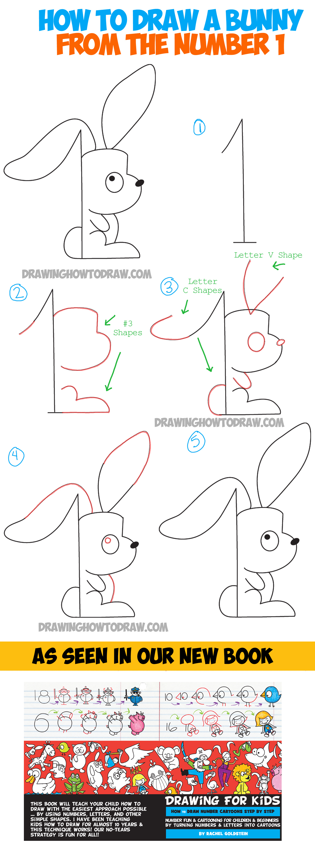 1200x3218 How To Draw A Cartoon Bunny Rabbit From The Number One - Number Drawing For Kids