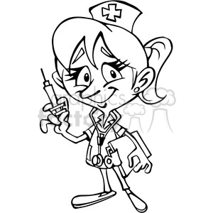 300x300 female nurse cartoon character in black and white clipart royalty - Nurse Cartoon Drawing