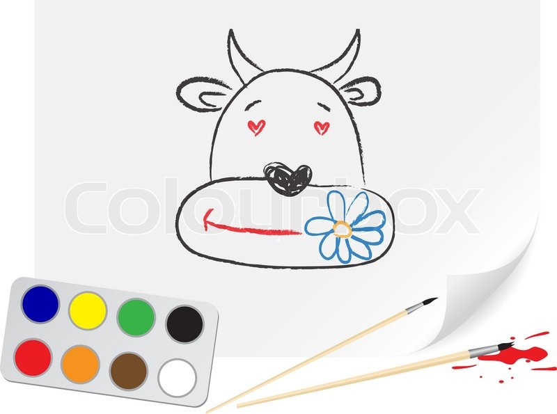 800x595 Nursery Drawing Cow On A Paper Stock Vector Colourbox - Nursery Drawing