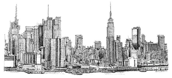 599x272 New York Skyline In Ink Poster - Nyc Skyline Drawing