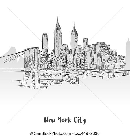 450x470 New York City Skyline Sketch, Hand Drawn Vector Outline Artwork - Nyc Skyline Line Drawing