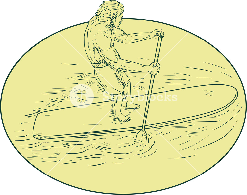 1000x790 drawing sketch style illustration of a surfer dude on a stand up - Oar Drawing