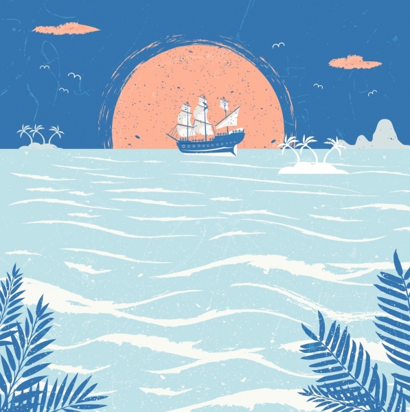 597x600 ocean drawing sailboat sea sun icons retro design free vector - Ocean Drawing