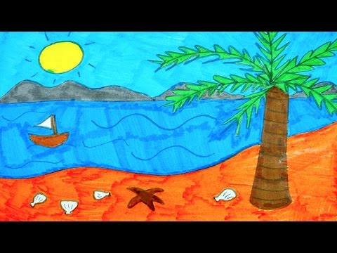 480x360 How To Draw The Beach, Ocean, Tree, Sun And Boat Kids Coloring - Ocean Drawing For Kids