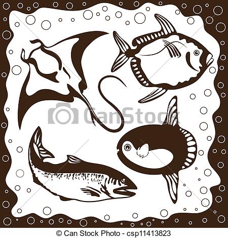 450x470 Ocean Fish, Vector Set Vector Illustration - Ocean Fish Drawing