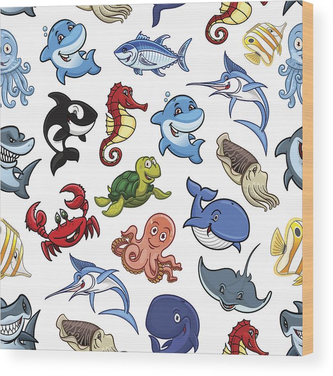 656x740 Cartoon Sea Animals, Ocean Fish Seamless Pattern Wood Print - Ocean Fish Drawing
