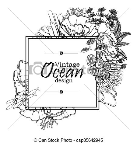 450x470 ocean line art design vintage graphic card with ocean flora - Ocean Line Drawing