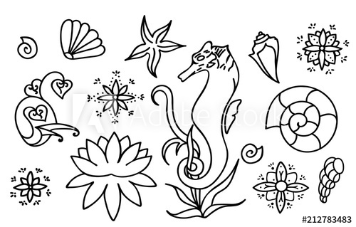 500x319 sea horse, shells and doodle elements graphic sea life collection - Ocean Line Drawing