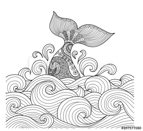 500x458 whale tail in the wavy ocean line art design for coloring book fro - Ocean Line Drawing
