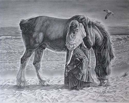 500x401 Pencil Drawing, Western Art, Fine Art, Print, Horse Art, Ocean - Ocean Pencil Drawing