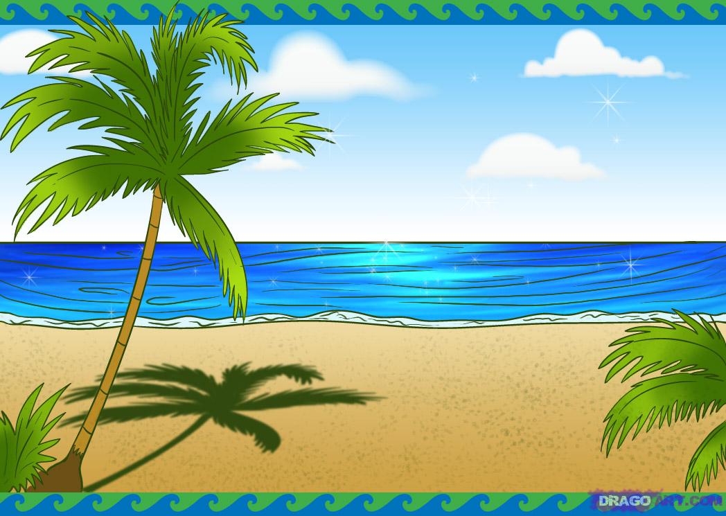 1048x745 How To Draw A Beach Scene, Step - Ocean Scene Drawing