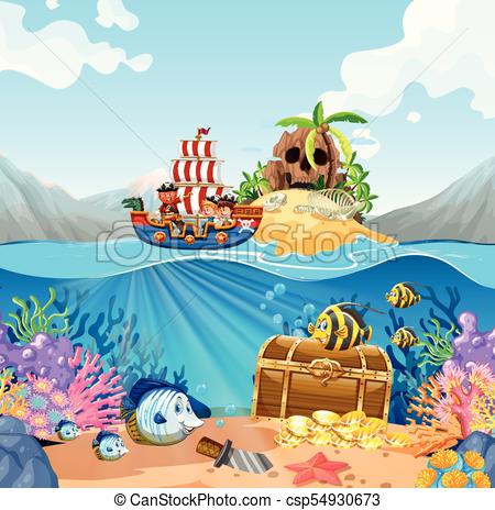 450x464 Ocean Scene With Kids On Viking Ship Illustration - Ocean Scene Drawing