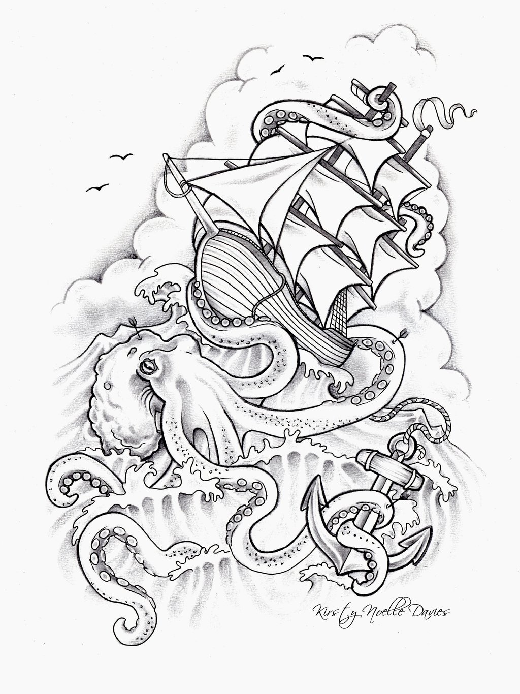 1024x1366 Anchor Ship And Octopus Tattoo Flash Tattoo Ideas - Octopus And Anchor Drawing