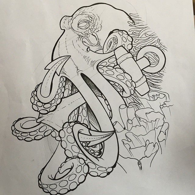 640x640 Black Outline Pirate Octopus With Anchor Tattoo Design Tattoos - Octopus And Anchor Drawing