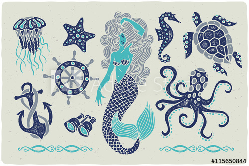 500x334 Marine Illustrations Set Mermaid Drawing Octopus Ocean Turtle - Octopus And Anchor Drawing