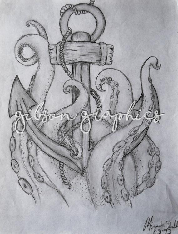 570x746 Octopus Anchor Sketch Etsy - Octopus And Anchor Drawing