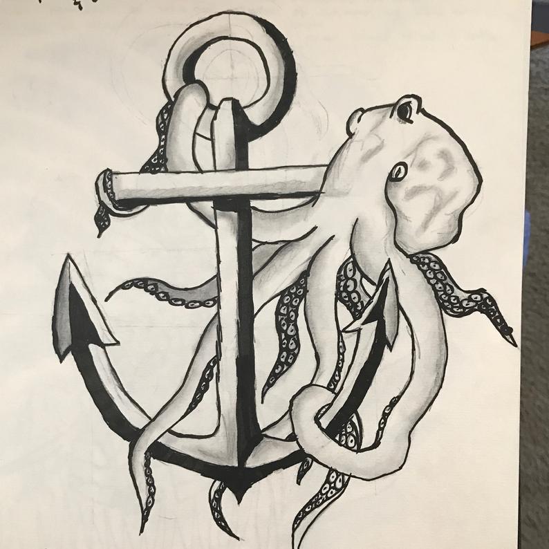 794x794 Octopus And Anchor Pencil Drawing Etsy - Octopus And Anchor Drawing