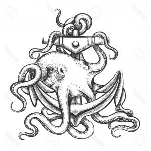 300x300 Photostock Vector Octopus With An Anchor Drawn In Tattoo Style - Octopus And Anchor Drawing
