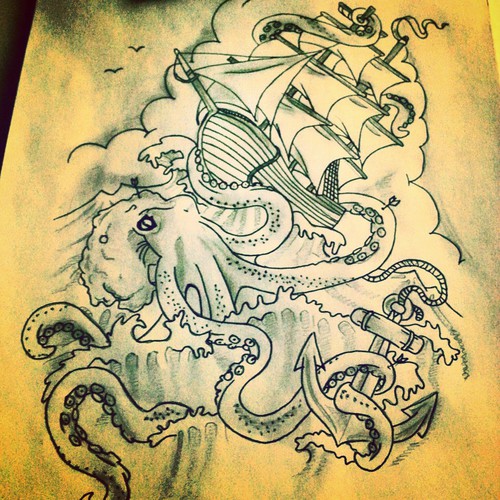 500x500 Sinking Ship With Octopus And Anchor On We Heart It - Octopus And Anchor Drawing