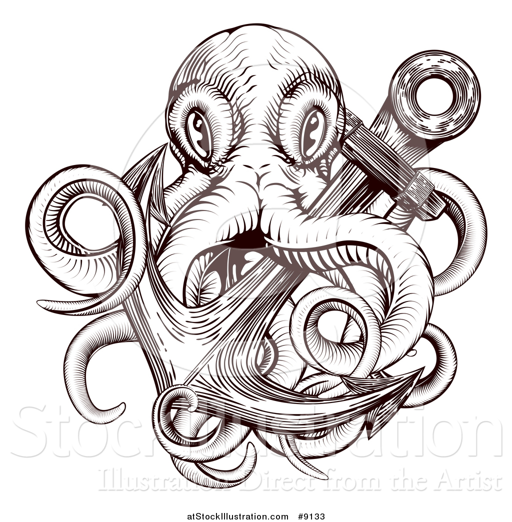 1024x1044 Vector Illustration Of A Brown Woodblock Octopus And Anchor - Octopus And Anchor Drawing