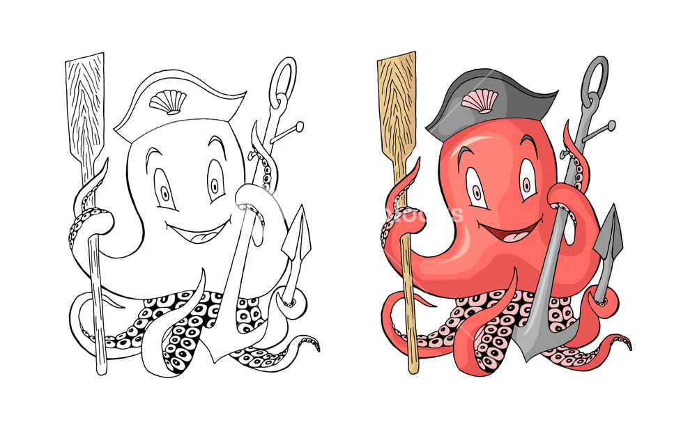 1000x616 Anchor With Octopus Cartoon Character Coloration Book Underwater - Octopus Cartoon Drawing