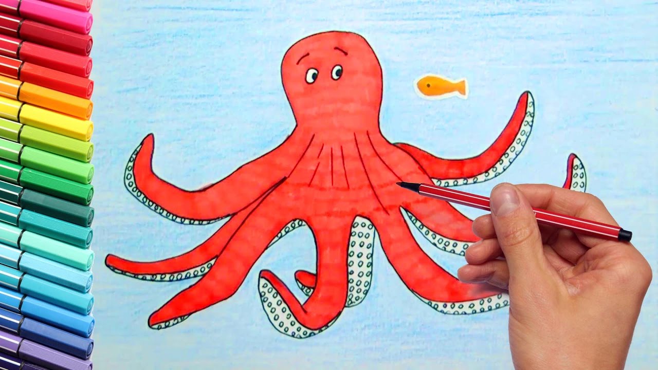 1280x720 Octopus Drawing And Coloring For Kids Sea Animals Water Aniimals - Octopus Drawing For Kids